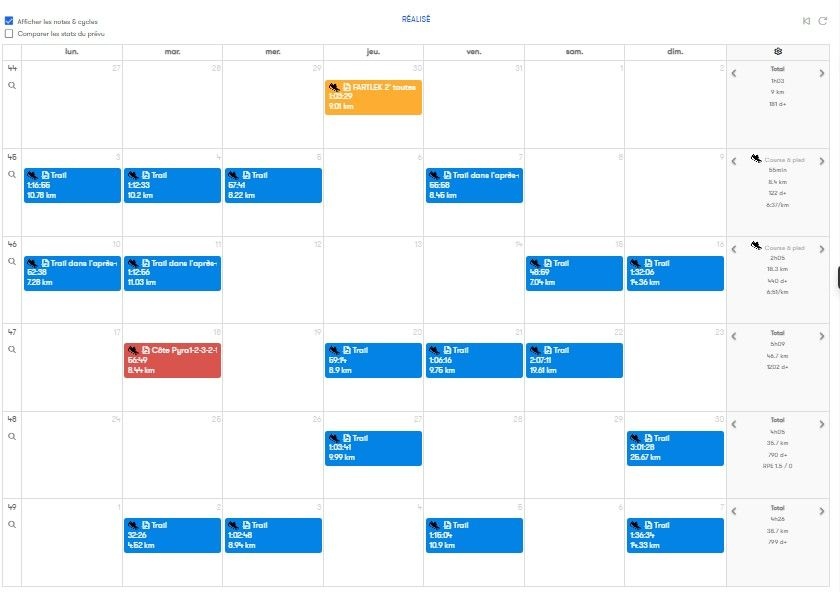 Aperçu de la plateforme d'entraînement trail - Calendrier des séances